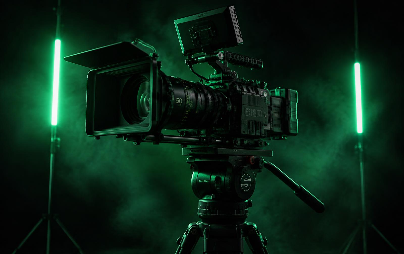 Cinema camera lit by emerald neon in a dark studio